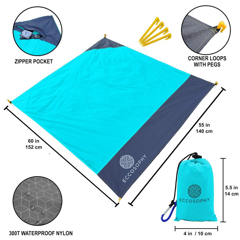 ECCOSOPHY 60x55" Blue Waterproof Compact Pocket Beach Blanket - Image 2